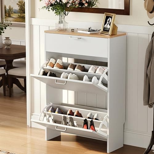 Image of Bonnlo White Shoe Cupboard, Freestanding Shoe Storage Cabinet with 1 Drawer and 2 Doors, Shoe Cabinet with Silver Handles, Space-Saving Shoe Rack Cabinet, Dust-Proof Organiser for Entryway(White)