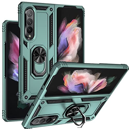 Image of Phone Case for Samsung Galaxy Z Fold 3 5G 2021 with Cover and Stand Ring Holder Hard Shockproof Magnetic Heavy Duty Gaxaly ZFold3 Z3 Fold3 3Z ZFold35G Women Men Dark Green