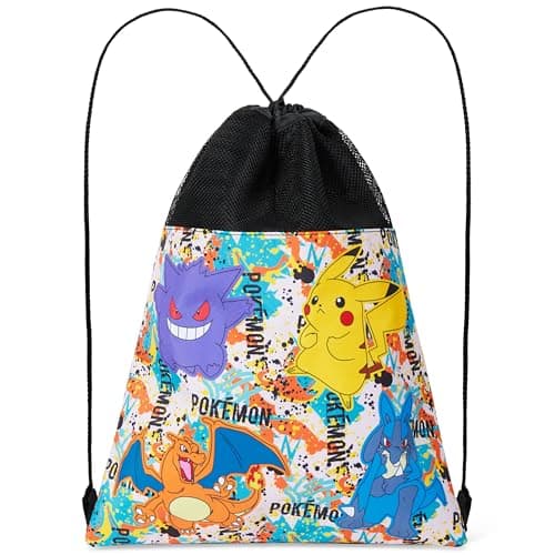 Image of Pokemon Drawstring Bags for Kids Teens, Pikachu Swimming Bag String Bag Backpack for School PE Bag Travel Beach Holiday Sports Gym Bag (Black/Multi)