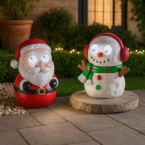 Image of Garden Mile 2 Pack Blinking Santa & Snowman Christmas Outdoor Decorations - Set of Two Light Up Festive Garden Figures with Cool White LEDs - Waterproof Polyresin Porch Pathway Xmas Display with Timer