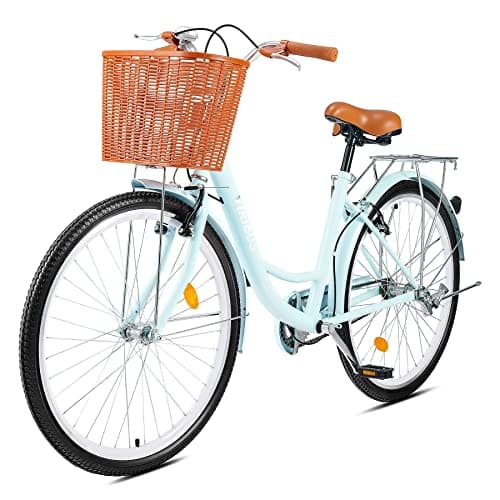 Image of Viribus 26 Inch Vintage Ladies Bike with Basket, Dutch Style City Bicycle with Carbon Steel Frame, Dual V Brakes, Single Speed Women’s Comfort Bike with Adjustable Seat and Handlebars (Mint)