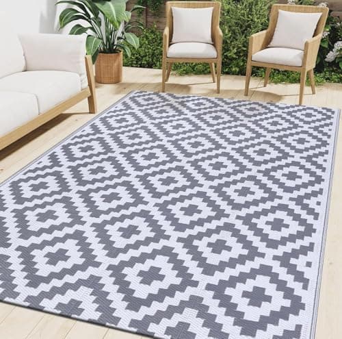 Image of smiry Outdoor Rug Waterproof Garden Rugs UV-Resistant Outside Patio Carpet Reversible Plastic Straw Mat for Balcony, Camping, Picnic, Backyard - 120 x 180 cm, Grey & White