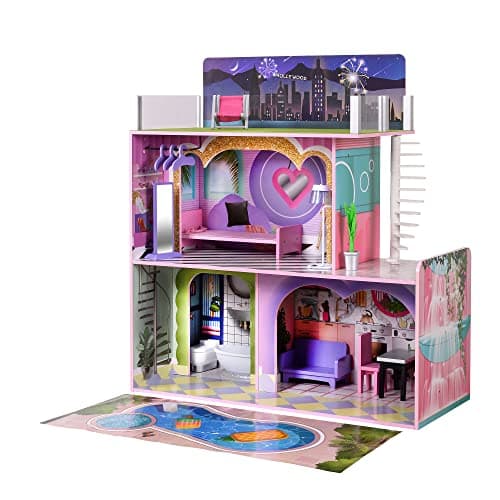 Image of Olivia's Little World Large Dreamland Sunset Contemporary Kids Interactive Wooden Dolls House 3 Floors with 16 Doll Furniture Accessories Multi TD-13616A