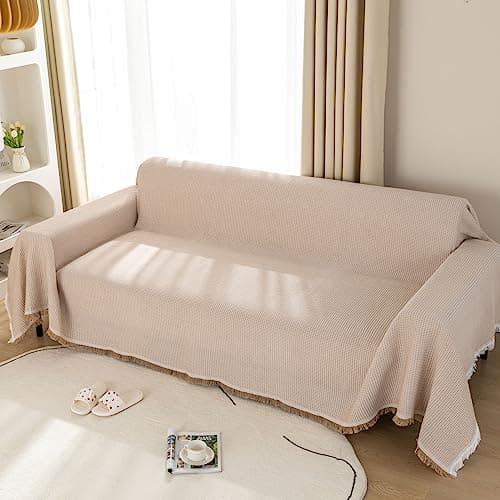 Image of LHGOGO Waffle Weave Sofa Throw Large, Soft Cotton Blend Textured Blanket for 2-3 Seater Settee, Breathable Decorative Bed Throw, Elegant Furniture Protector for Pets & Kids, 180x300cm, Khaki