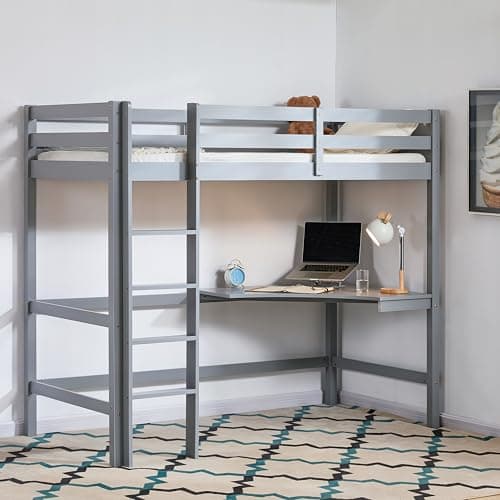 Image of Vida Designs Sydney High Sleeper Bunk Bed, Solid Pine Wood Kids Loft Bed Frame With Desk, Perfect For Children, Single 3 Foot, Grey
