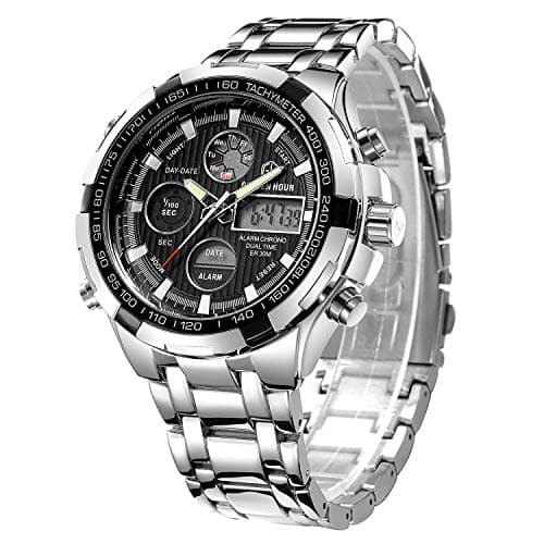 Image of Affute Luxury Fashion Mens Watches Stainless Steel Heavy Sport Chronograph Waterproof Date Alarm Multifunction Analog Digital Watch-(Silver Black)