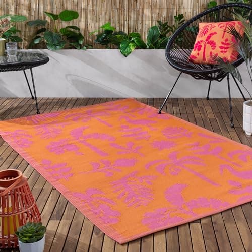 Image of furn. Marula Rug – Indoor/Outdoor Woven Botanical Tropical Birds Weather Resistant Easy Clean Lightweight Rug (Orange/Pink - 120x180cm)