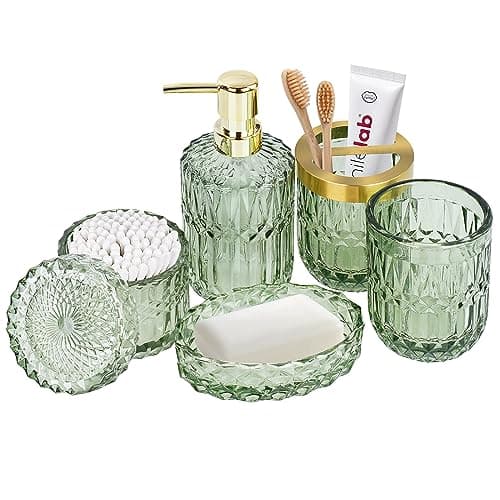 Image of 5pcs Glass Bathroom Accessories Set, Bathroom Accessories Complete Set, Soap Dispenser, Toothbrush Holder, Soap Dish, Tumbler, Cotton Swab Jar, Modern Bathroom Decor, Bathroom Accessory Set Green