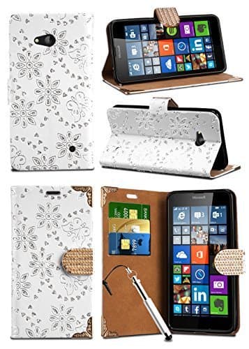 Image of For HTC Desire 510 / A11 - Sparkle Glitter Crystal Diamond Encrusted Closure Tab Wallet Flip Case Cover with Integrated Stand with RETRACTABLE Capacitive Stylus Touch Screen Pen and Screen Protector in WHITE