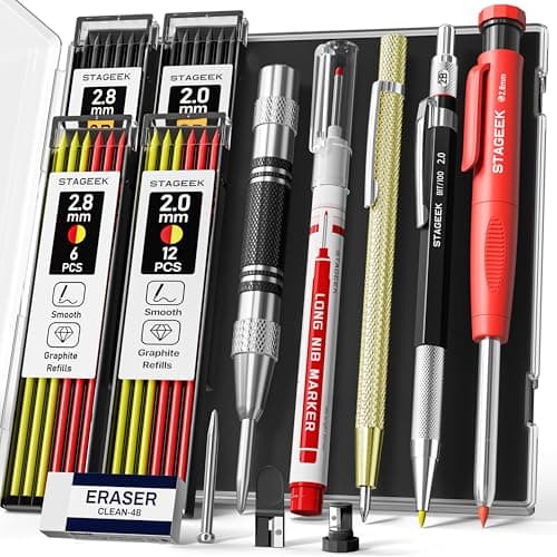Image of STAGEEK 14 Pack Carpenter Pencil Set with Sharpener, Mechanical Carpenter Pencils with 60 Refills, Deep Hole Long-Nib Marker Pens, Carbide Scribe Tool & Construction Pencils for Architect with Case