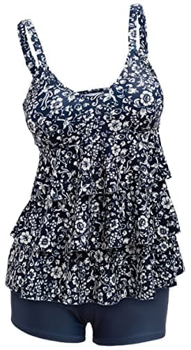 Image of ECUPPER Womens Tankini Sets Swimsuits Ruffled Flounce Printed Swim Tops and Shorts 2 Piece Plus Size Swimming Costume Floral 3XL