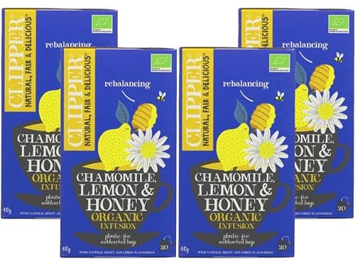 Image of Clipper Organic Chamomile Lemon & Honey Herbal Tea, 20 Tea Bags, Naturally Caffeine-Free, Plastic-Free Plant-Based Teabags, Organic & Vegan, (Pack of 4) from SuperfoodUK