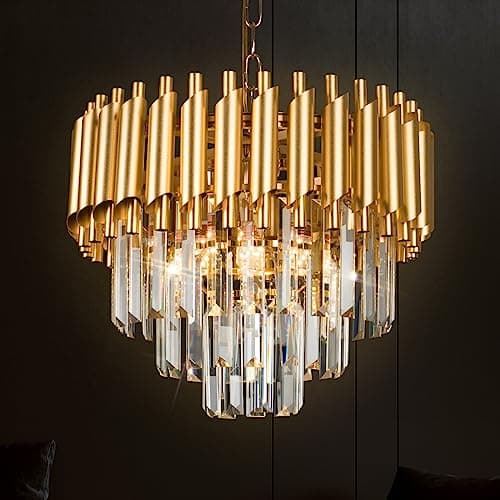 Image of Gold Crystal Pendant Light 3 Tiers Crystal Chandelier Round Chandelier Lampshade Flush Mount Ceiling Lighting Fixture for Kitchen Living Room Dining Room Restaurant,5xE14 Lights