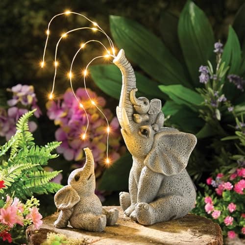 Image of Coopers of Stortford - Solar Elephants with Trickling 'Water' LEDs - Playful Elephant Family Garden Ornament - Weatherproof Polyresin with Sparkling Night Light Effect
