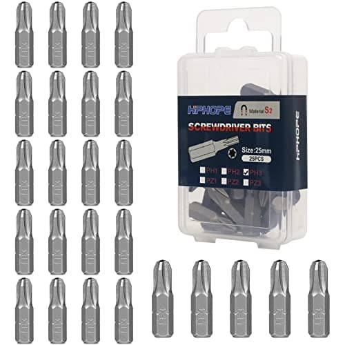 Image of HPHOPE PH3 Bit x 25mm Length Screwdriver Bits, 1/4 Inch Standard Hex Fitting, 25 Bits per Box