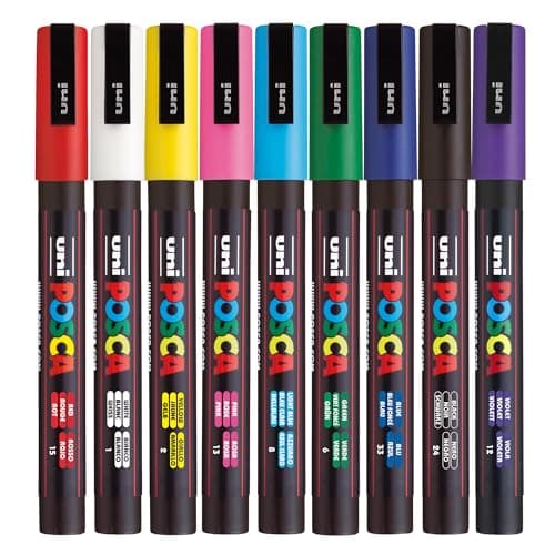 Image of Posca - Standard PC-3M Acrylic Paint Pens (9pc), Multi Surface Markers for Windows, Glass, Graffiti, Fabric, Rock Painting, Canvas, Wood, Metal, Fabric, Colouring, Arts & Crafts, with 4 Stickers