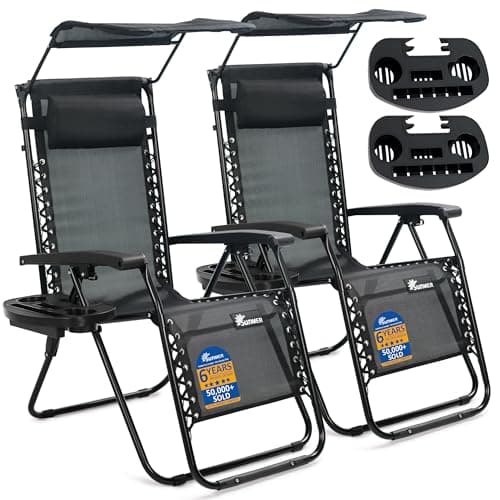 Image of SUNMER Sun Lounger Garden Chairs - Set of 2 Zero Gravity Chairs with Cup & Phone Holder, Adjustable Headrest & Pillow - 30° to 90° Folding Deck Recliner - Professional Outdoor Seating - Black Canopy