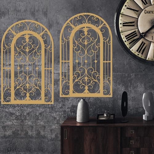 Image of ruelen Metal Scroll Wall Decor - Window Arch Wall Art,Wall Panels with Carved Wrought Iron. Rustic Farmhouse Style with Medallion Scroll Design for Living Room, Bathroom, Bedroom( Gold)