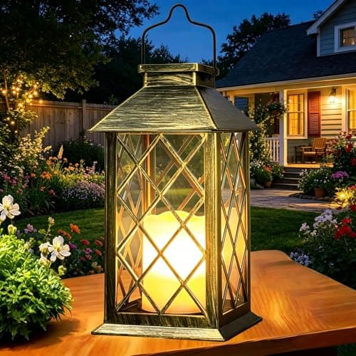 Image of Yowin Solar Lanterns for Outside, 35cm Large Hanging Lantern Outdoor Garden with Flickering Candle, Tempered Glass, Garden Gifts Waterproof Table Lamp for Balcony Patio Vintage Decorations - Bronze