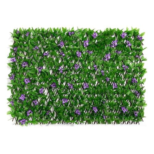 Image of Expanding Garden Trellis Panels,Garden Fence Screening with Artificial Ivy&Violet Flower,Expandable Decorative Faux Ivy Privacy Screen Greenery Backdrop for Backyard, Balcony and Terraces(Purple)