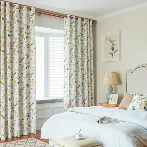 Image of VOGOL Blue Eyelet 63 Inch Curtains, Farmhouse Flower and Bird Linen Look Curtains, Light Filtering Easy Care Curtains for Living Room Bedroom, 52×63, 1 Panel