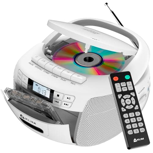 Image of KLIM CD Player with Cassette, Cassette Player & Recorder, Radio with CD, AM/FM Radio & USB, Bluetooth, Mains and Battery Operated - White