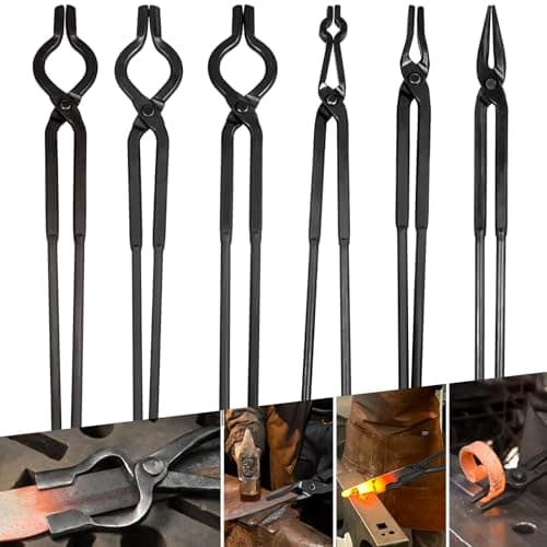 Image of V-SEK Blacksmith Tongs Knife Making Tongs Set 3/8" 1/2" 5/8" V-Bit Bolt Tongs, 1/4 Flat Jaw Tongs, Pick Up Tongs, Scroll Tongs, Assembled Blacksmithing Bladesmith Steel Forge Tongs (6PCS)