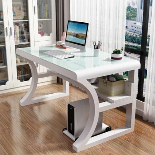 Image of GLMGBP Tempered Glass Computer Desk with Storage Shelves - Pink Modern Simple Gaming Desk for Home Office - Large Workstation(100x60x75cm)