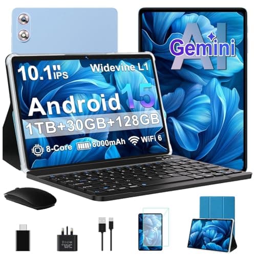 Image of fezawio 10.1 Inch Android 15 Tablet with Gemini AI, 30GB RAM 128GB ROM, 1TB Expandable, Octa-Core, WiFi 6, Widevine L1, 8000mAh, Included Mouse, Keyboard & Case, Blue