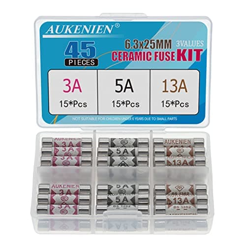 Image of AUKENIEN Fuses Mixed Household UK 3 Values 45pcs 3A 5A 13A Fuse 3 5 13 Amp 6.3 x 25MM 0.248x0.984 Inch 240V 240 Volt BS1362 Ceramic Fuses Assortment Kit for Mains Plug