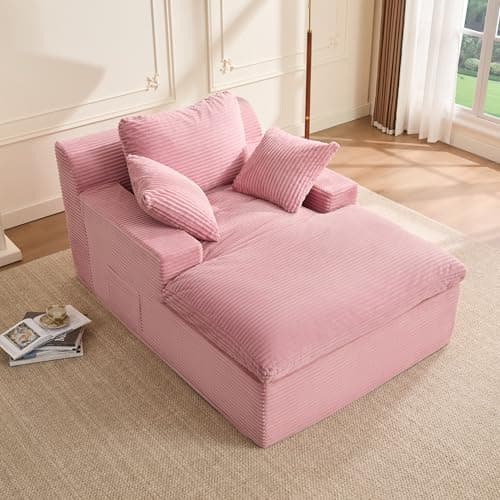 Image of Litbird 160 cm Chaise Lounge Chair, Boneless Couch,Set of Sofabed Floor Lounge Sofa with Movable Pillows & Side Pockets, Cloud Couch with Armrests for Living Room, No Assembly Required, Pink