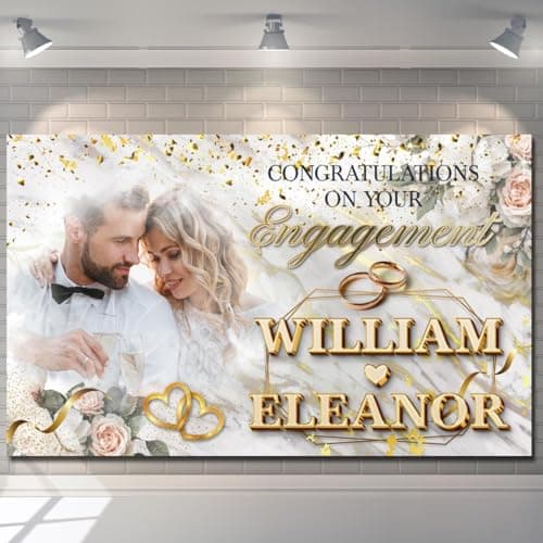 Image of Personalised Wedding Engagement Backdrop Banner Photo Gold Balloon Heart Ring Poster Fabric Just Married Party Decorations man woman