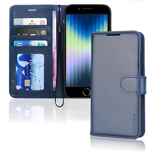 Image of TECHGEAR iPhone SE 2022 5G / 2020, iPhone 8/7/6 Leather Wallet Case, Flip Case Cover, Card Holder, Stand, Wrist Strap - Blue PU Leather, Magnetic Closure for iPhone SE 3 / SE 2 / iPhone 8 7 6 6s 4.7"