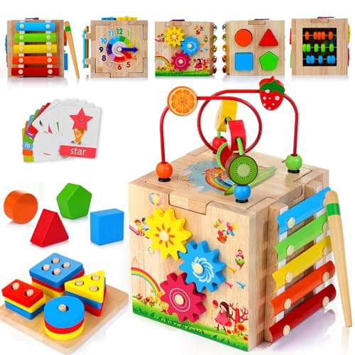 Image of HELLOWOOD Wooden Activity Cube Baby Toys, 8-in-1 Montessori Educational Toy Set, Bead Maze Shape Sorter Abacus Xylophone Words & Clock Learning, STEM Toys for Boys Girls Toys for 1 2 3 years old