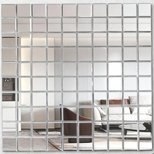 Image of Mirror Tiles, Stick on， Self Adhesive Mirror Stickers DWUENT Square Acrylic Mosaic Wall Decor, Modern Aesthetic Peel & Stick Tiles for Home & Shop, 100 Pcs Silver 3x3cm