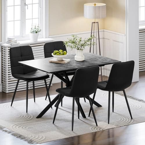 Image of Luxstein Extendable Dining Table and Chairs Set 4, 120-160cm Concrete Effect Table with 4 Black Upholstered Linen Chairs for Dining Room, Kitchen