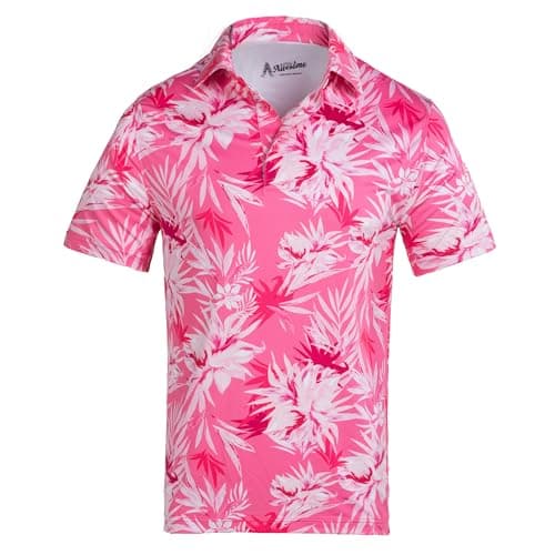 Image of Royal & Awesome Funny Mens Paradise Pink Golf Polo Shirt, Crazy Colourful Tropical Patterned Golf Top for Men, Stretch Fit, Large
