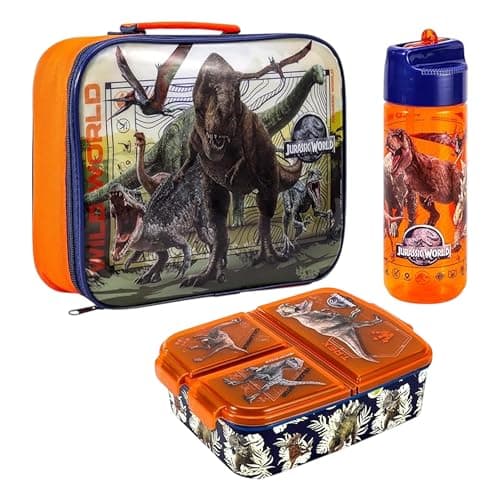 Image of Zawadi Global Kids Childrens Lunch Box Set – Insulated Lunch Bag, Multicompartment Lunch Box & 580ml Water Bottle - School Travel Lunch Food Set, BPA Free (Jurassic World)