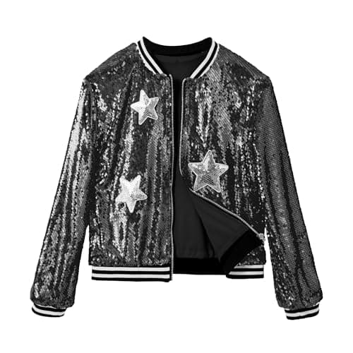 Image of LOLANTA Girls Sequin Bomber Jacket with Pockets Zipper Long Sleeve Sparkle Baseball Jackets, Black, 5-6 Years, 120