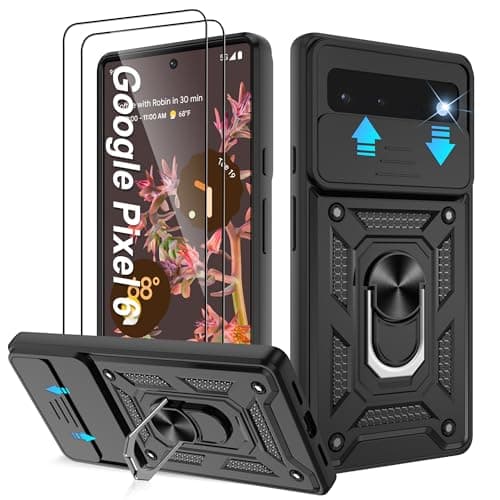 Image of Pilaru for Google Pixel 6 Case with 2 Pack Screen Protector,Military Grade Shockproof Cover with Camera Protective,Ring Stand Phone Case for Google Pixel 6,Black