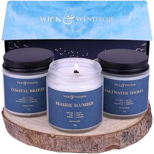 Image of Wick & Windsor | Scented Candle Gift Set | Coastal Collection | 3 Luxury Soy Wax Candles | Wooden Wick | 3×100g | Sea Salt, Lavender & Sandalwood | Gift for Women - Birthday, Summer & Christmas