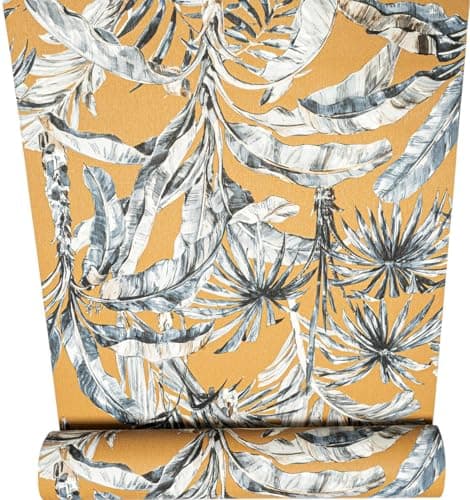 Image of SOPHIE LAURENCE Mustard Yellow Floral Wallpaper – Grey & White Tropical Banana Leaf Design, Textured Vinyl Feature Wall Roll (53 cm × 10.05 m)