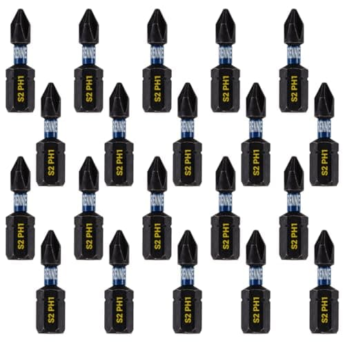 Image of 20 x Rennie Tools 25mm PH1 Impact Screwdriver Driver Bits Set. Phillips No.1 Heavy Duty Impact Driver Bit Set. PH1 Bits. Hex Shank, Cross Head. Black Oxide Coated