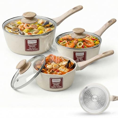 Image of Rainberg Saucepan with Lid, Nonstick Milk Pan Suitable with Induction, Gas and Electric Hobs, Cooking Pot with Pour Spout. (Beige, 3PK 16-18 & 20cm)