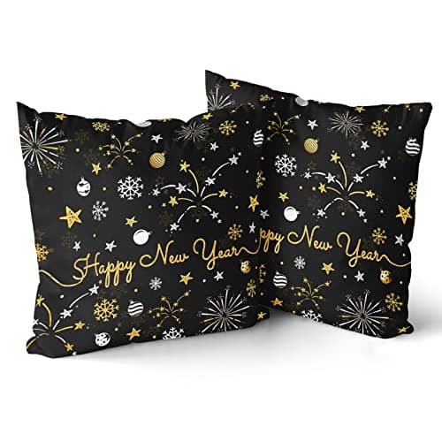 Image of Giwawa 2 PCs Happy New Year Pillow Covers 16"x16" Winter Snowflake Firework Throw Pillowcase with Colorful Star Christmas Ball Square Black Gold Cushion Cover for Sofa Couch Car Bed Home Xmas Decor