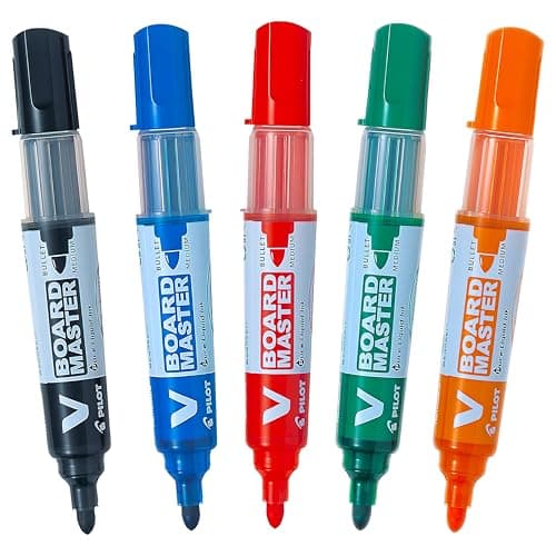 Image of Pilot Begreen Recycled V Board Master Whiteboard Marker Bullet 6.0 mm Tip - Black/Red/Blue/Green/Orange, Wallet of 5