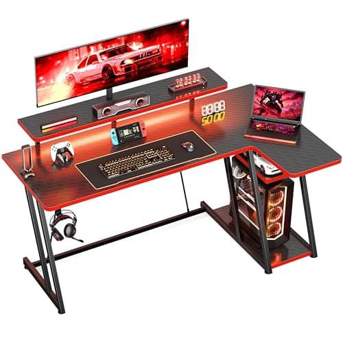 Image of HOMIDEC Gaming Desk with LED Lights, 140CM Computer Desk with Monitor Stand, L Shaped Corner Desk with Headphone Hook and Shelves for Gaming Room, Bedroom, Office, Black Red