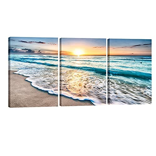 Image of Wieco Art 3 Panels Blue Beach Sunrise White Wave Pictures Painting on Canvas Wall Art Modern Stretched and Framed Seascape Canvas Prints Seaview Landscape Artwork for Home Office Decorations