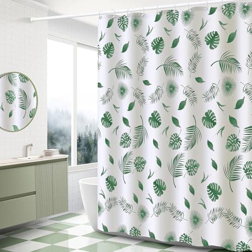 Image of BANLMEYD Shower Curtain Mould Proof Resistant Green Leaf, Premium PEVA Waterproof Shower Curtain, 180x180cm with Rustproof Grommets and 12 Hooks for Wet Rooms