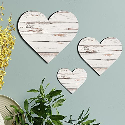 Image of Jetec 3 Pcs Wood Heart Wall Decor Heart Shaped Wooden Sign Rustic Hanging Love Plaque for Kitchen Bedroom Bathroom Living Room Home Farmhouse gifts, 3 Sizes(White Antique)